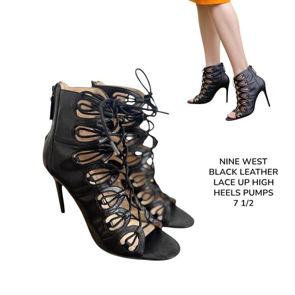 NINE WEST BLACK LEATHER LACE UP HIGH HEELS PUMPS  SZ.‎ 7.5 - Picture 1 of 8